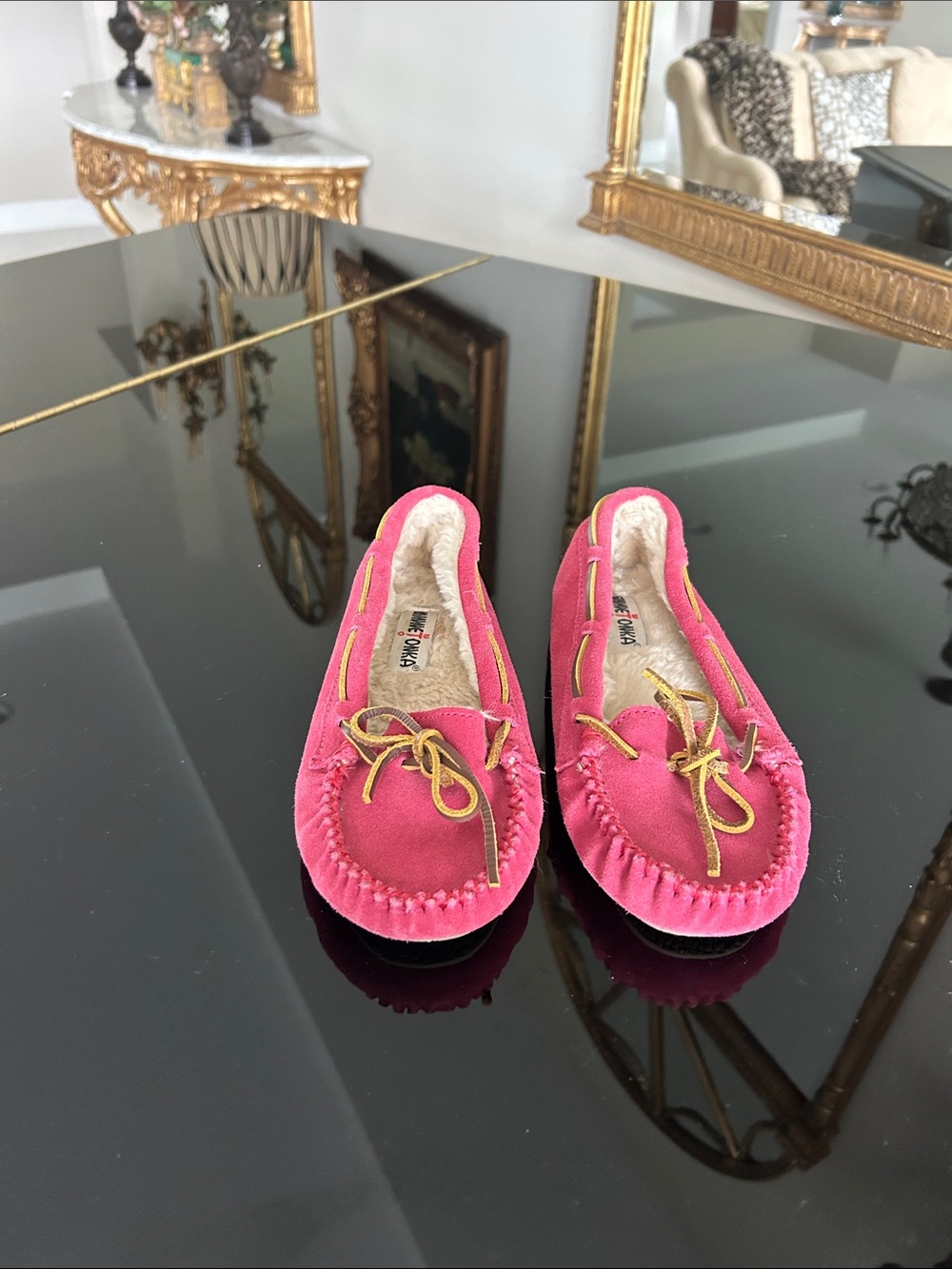 Minnetonka Pink Suede Moccasin Slippers with Faux Fur